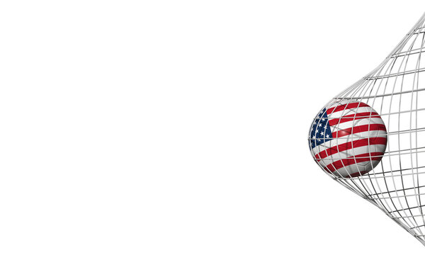 Soccer Ball with USA Flag Pattern Hitting the Net on Transparent Background, United States Football Goal Concept