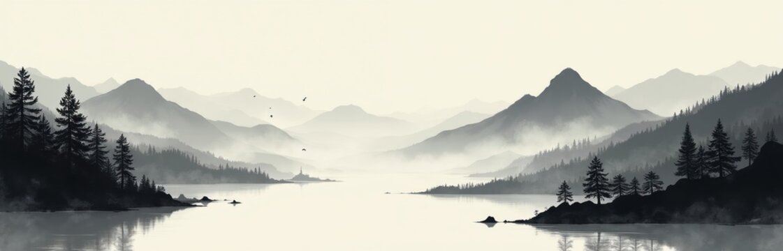Misty mountain range with calm lake and pine trees. Black ink art style, minimal Japanese illustration. Serene landscape reflection in water, birds fly over water.