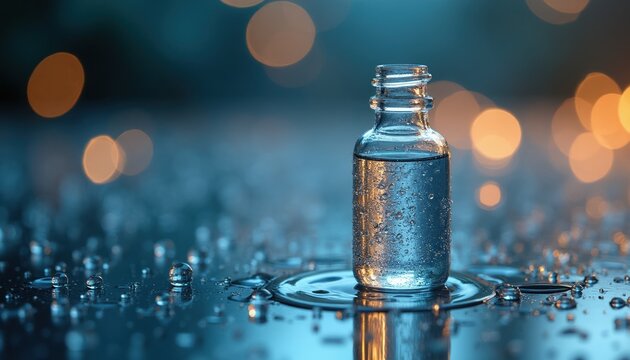 Glass vial with clear liquid sits on wet reflective surface. Water droplets cover bottle. Blurred bokeh lights create sterile, clean, and scientific ambiance. Research and lab concept.