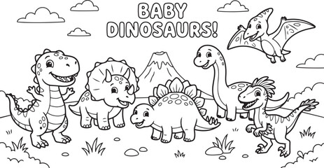 Cute baby dinosaurs coloring page featuring Tyrannosaurus, Triceratops, Stegosaurus, Brachiosaurus, Velociraptor and Pterodactyl for kids © Shafikul