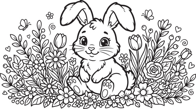 Cute bunny coloring page surrounded by floral garden elements featuring adorable rabbit illustration for kids activity books