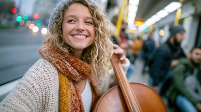 A joyful woman smiles brightly as she plays her cello on the subway, capturing the essence of music, urban life, and the beauty of creativity amidst a bustling city environment.