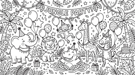 Cute jungle party coloring page vector illustration featuring safari animals, balloons, birthday decorations and festive celebration scene © Shafikul