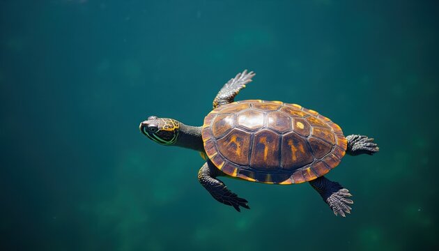 Yellow-striped turtle swims underwater. Reptile with patterned shell moves through clear blue green water. Aquatic animal floats near ocean surface, natural habitat.