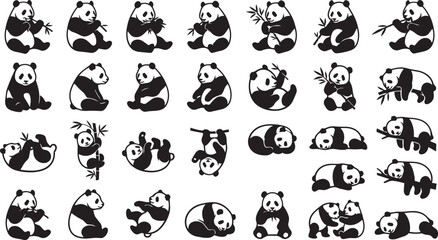 Cute panda vector set featuring eating bamboo, sitting, sleeping, rolling and playful panda poses isolated on white background © Shafikul
