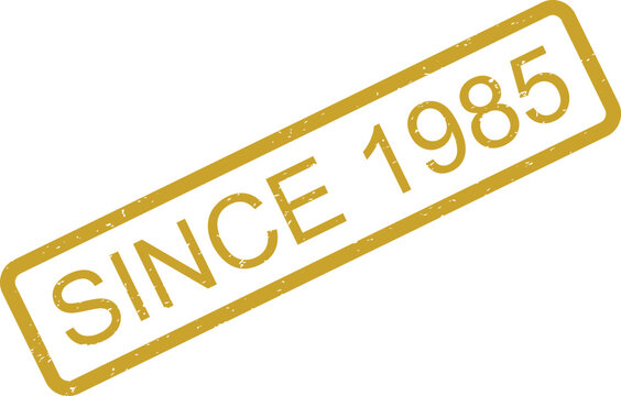 This historical golden rectangular grunge stamp proudly displays SINCE 1985 indicating an established company or legacy