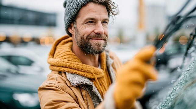 A smiling man cleaning snow off his car's windscreen, showcasing resilience and positivity against a chilly backdrop, symbolizing the joy of winter activities.
