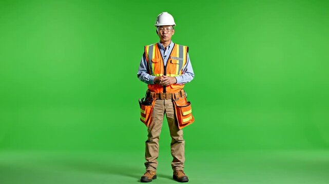 A construction worker in an orange vest stands on a green screen