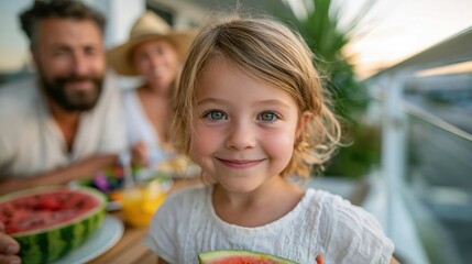 Obraz premium A delightful little girl with sparkling blue eyes shares a joyful moment while holding a slice of watermelon in a sunny outdoor setting, surrounded by family and laughter.