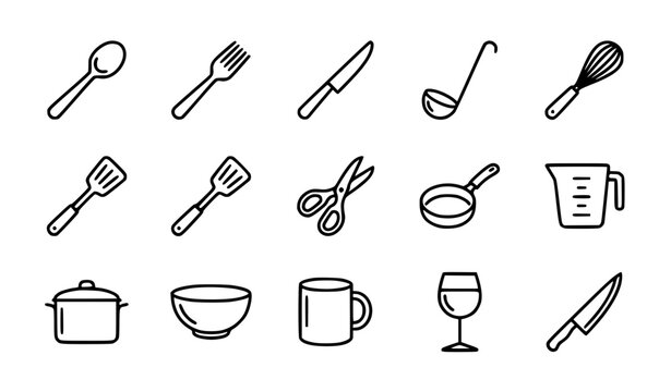 A premium tableware and kitchen utensils line icon set featuring dining, cooking, and food service concepts. Including dish plate, food bowl, pasta dish, fork, spoon, knife, cutlery set, tea cup, coff