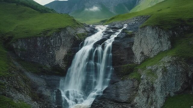 Scenic Gveleti big waterfall cascading down green mountain cliffs