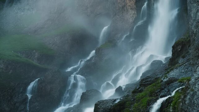 Powerful Gveleti Big Waterfall cascading down rocky mountain cliff