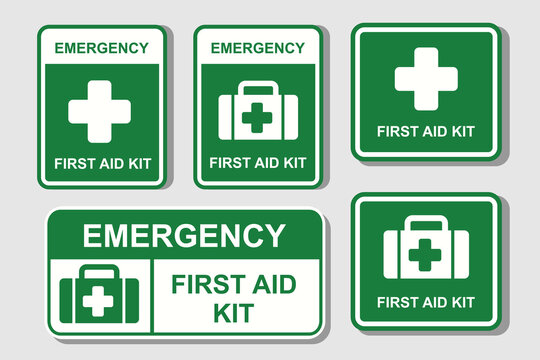 First Aid Kit Emergency Signs and Symbols Collection Stickers Label Vector Illustration