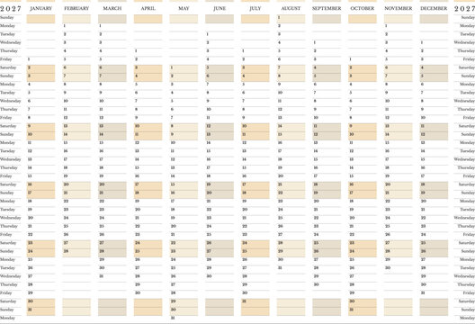 2027 Minimal Yearly Wall Planner, A0 Landscape Calendar Template with Sunday Start