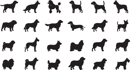 Fototapeta premium Dog silhouette collection featuring various popular breeds in standing poses isolated on white background for design