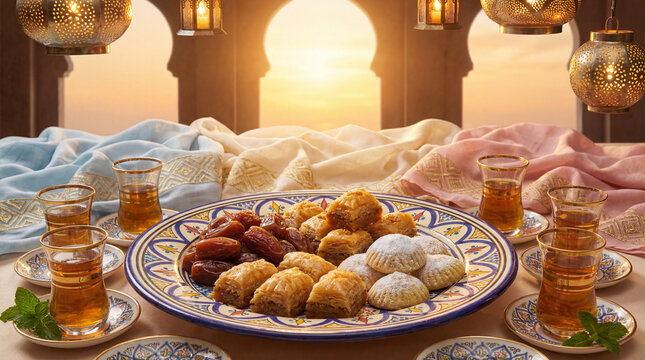 A vibrant and colorful Ramadan iftar dessert table setup with an assortment