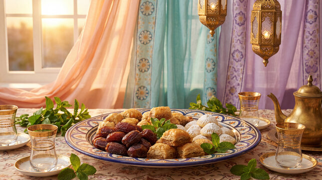 A vibrant and colorful Ramadan iftar dessert table setup with an assortment