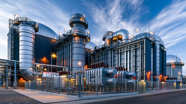 Station de distribution moderne d&eacute;di&eacute;e aux &eacute;nergies propres. De grands r&eacute;servoirs m&eacute;talliques de stockage d'hydrog&egrave;ne s'alignent aux c&ocirc;t&eacute;s de transformateurs &eacute;lectriques