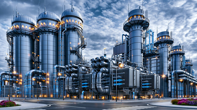 Station de distribution moderne d&eacute;di&eacute;e aux &eacute;nergies propres. De grands r&eacute;servoirs m&eacute;talliques de stockage d'hydrog&egrave;ne s'alignent aux c&ocirc;t&eacute;s de transformateurs &eacute;lectriques