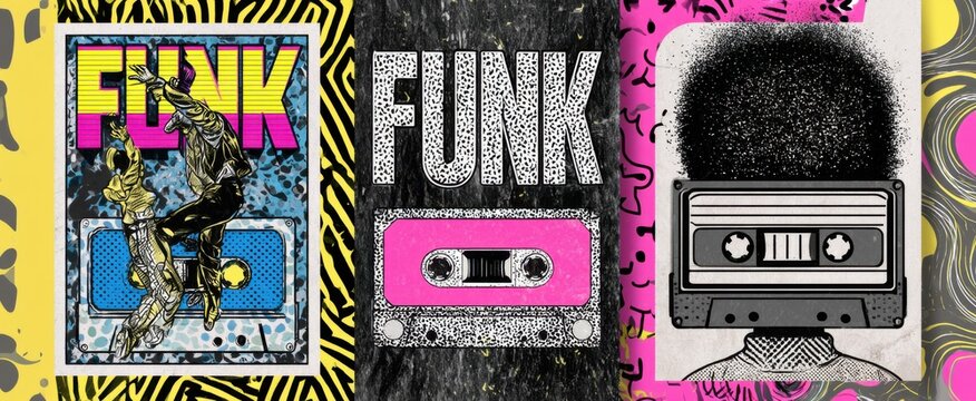 80s funk music flyers in vintage comic style. Typography designs featuring dancers, cassette tapes, and dynamic patterns, vibrant nostalgic dance vibe, bold lettering and artistic layouts.