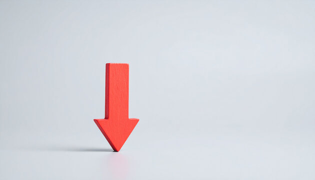 Red wooden arrow pointing downward, gray background, economic downturn and business decline concept, minimal modern infographic style, corporate visual design.