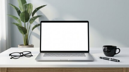 Fototapeta premium Minimalist laptop mockup on white desk, blank computer screen in bright home office, modern workspace with potted plant and coffee cup