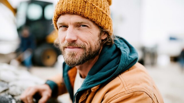 A confident man with a beard and warm attire smiles while sitting outdoors, embodying a relaxed and inviting male personality amidst a casual, outdoor setting.