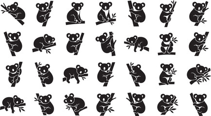 Koala silhouette vector set featuring climbing, sitting and eucalyptus poses isolated on white background for wildlife design © Shafikul