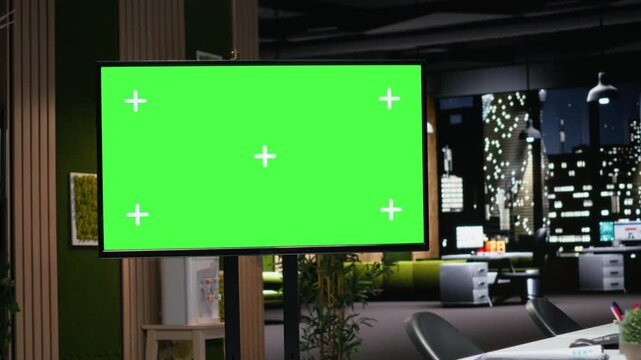 Isolated screen display in office used to automate app development tasks with deep learning. Chroma key monitor in empty startup workplace leverages AI to accelerate feature implementation, close up.