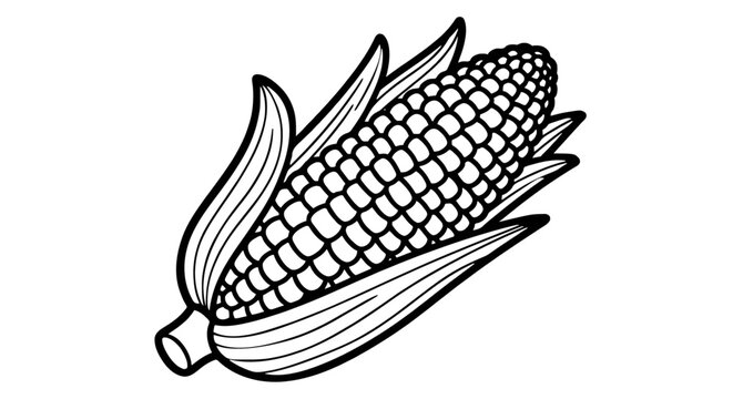 Single fresh corn cob with peeled husk and leaves bold outline black and white vector illustration