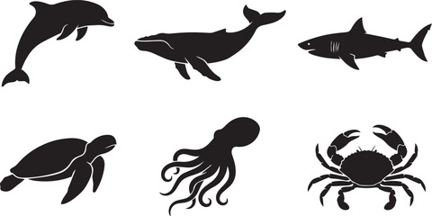 Marine animal silhouette collection featuring dolphin, whale, shark, sea turtle, octopus and crab isolated on white background © Shafikul