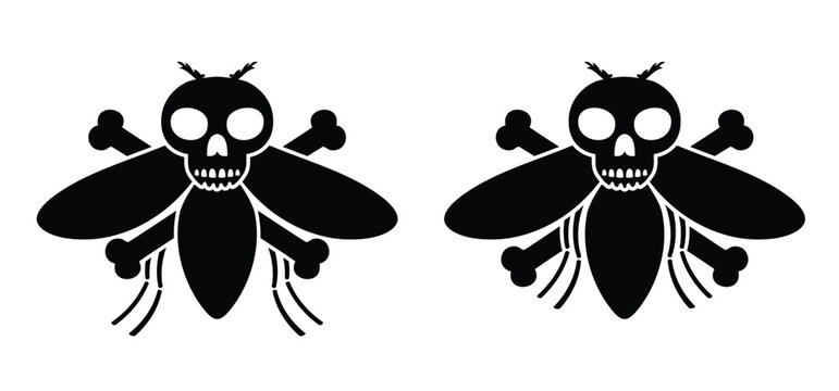 Cartoon insects with skull and bones. Flesh eating screw worm fly. Insect, screw-worm fly or vaker screwworm fly. Cochliomyia macellaria insect. Their larvae feed on living animal tissue. skull en dea
