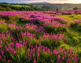 Obraz premium Vibrant purple blossoms carpet rolling hills under a golden sunlit sky