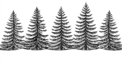 Obraz premium A black and white illustration of pine trees on a snowy landscape with a white background
