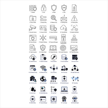 Network Security Icon Set with Firewall, Lock, Shield, Vpn, Encrypted File, Authentication, Monitoring, and Secure Cloud Protection Symbols