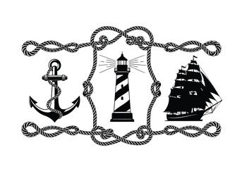 Nautical rope border with anchor lighthouse ship © NurJahan