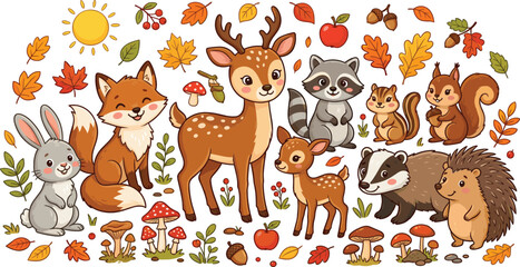 Fototapeta premium Cute Autumn Woodland Animals Cartoon Vector Illustration Set Featuring Deer, Fox, Raccoon, Squirrel, Rabbit, Hedgehog, Badger, Mushrooms, and Colorful Fall Leaves