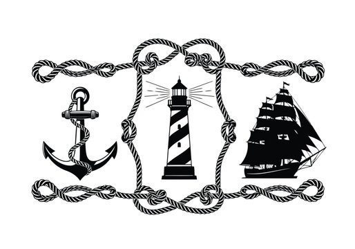 Nautical rope border with anchor lighthouse ship