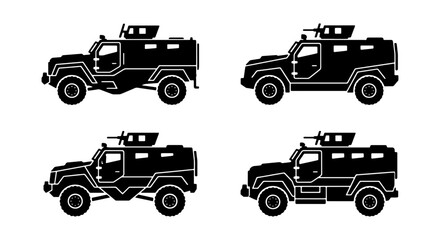 Armored Vehicle Icons, Military Transport Silhouettes, Tactical SUV Vector Graphics, Security Patrol Truck Set © Shuvo