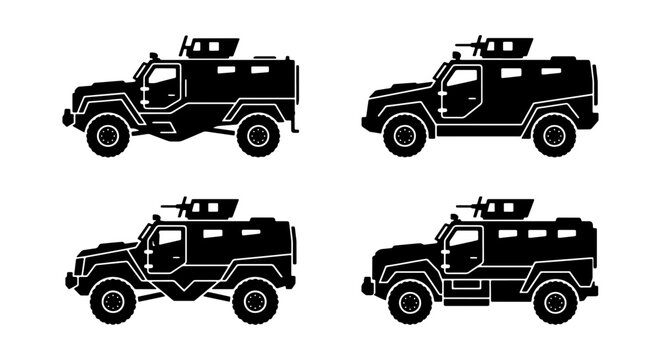 Armored Vehicle Icons, Military Transport Silhouettes, Tactical SUV Vector Graphics, Security Patrol Truck Set
