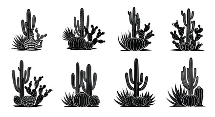 Fototapeta premium Set of black and white cactus illustrations