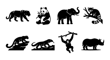 Wild Animal Silhouettes Vector Set: Tiger, Panda, Elephant, Red Panda, Jaguar, Panther, Gorilla, Rhino © Shuvo