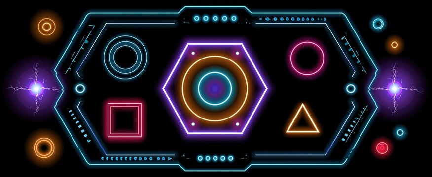Futuristic cyberpunk HUD featuring vibrant neon geometric frames and digital interface elements.