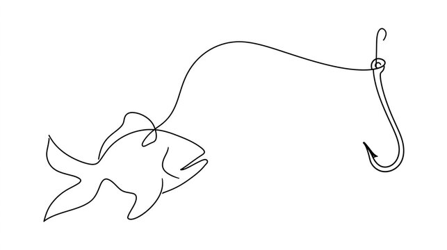A simple line drawing of a fish caught on a hook with a white background