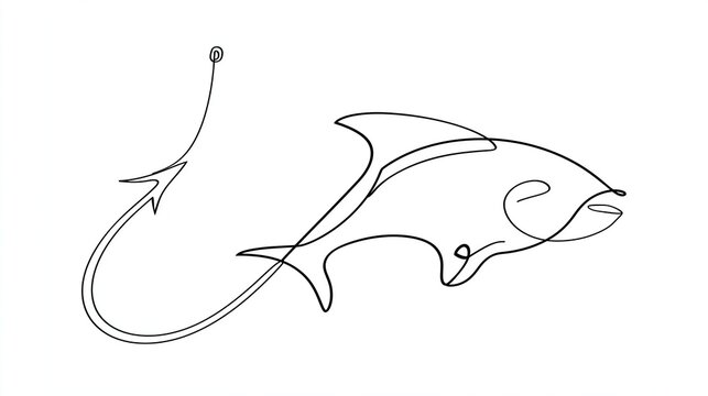 A minimalist line drawing of a dolphin caught on a fishing hook on a white background