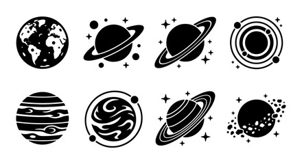 Cosmic Planets Vector Icons Set, Space Celestial Bodies Collection, Astronomical Orbits and Stars Graphics © Shuvo