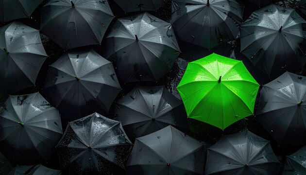 Bright green umbrella distinct in a crowd of dark, wet ones