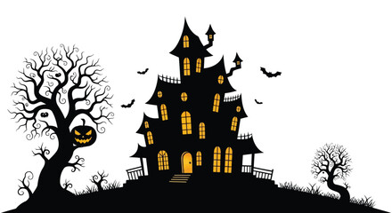 Spooky haunted house with glowing windows and jack o lantern © NurJahan