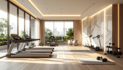 Obraz premium Bright, modern gym with treadmills, weights, and city green view