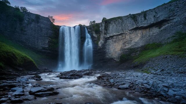 Gveleti Big Waterfall cascading down cliffs during sunset